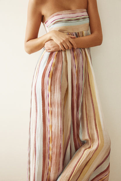 Multi-Colored Striped Strapless Maxi Dress