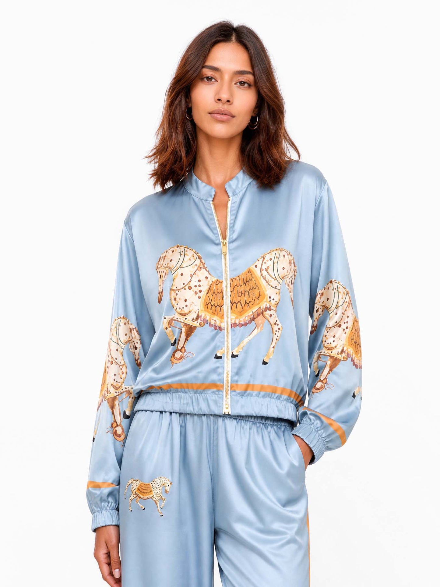 Exquisite Satin Horse Print Zip-Up Shirt