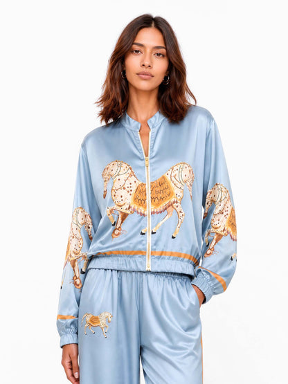 Exquisite Satin Horse Print Zip-Up Shirt