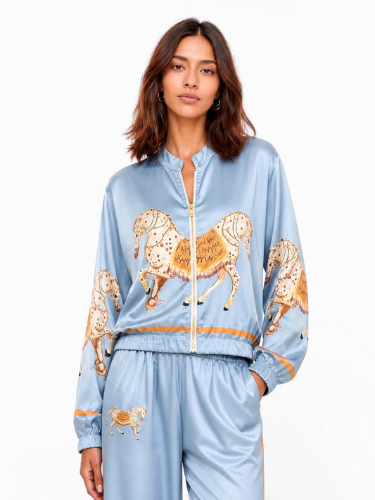Exquisite Satin Horse Print Zip-Up Shirt