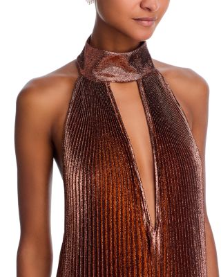 Elegant Metallic Pleated Halter Keyhole Maxi Dress