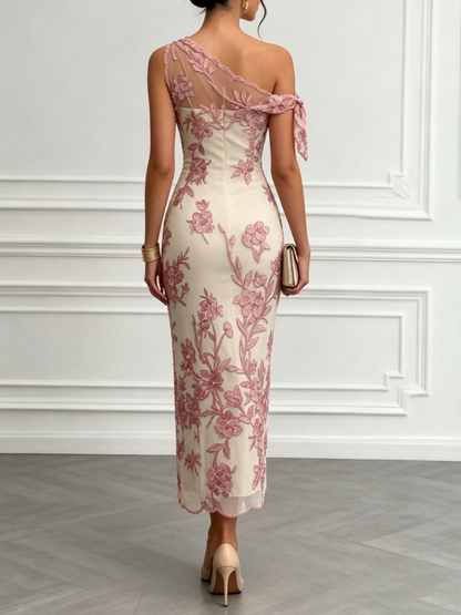 One-Shoulder Floral Embroidery Maxi Dress