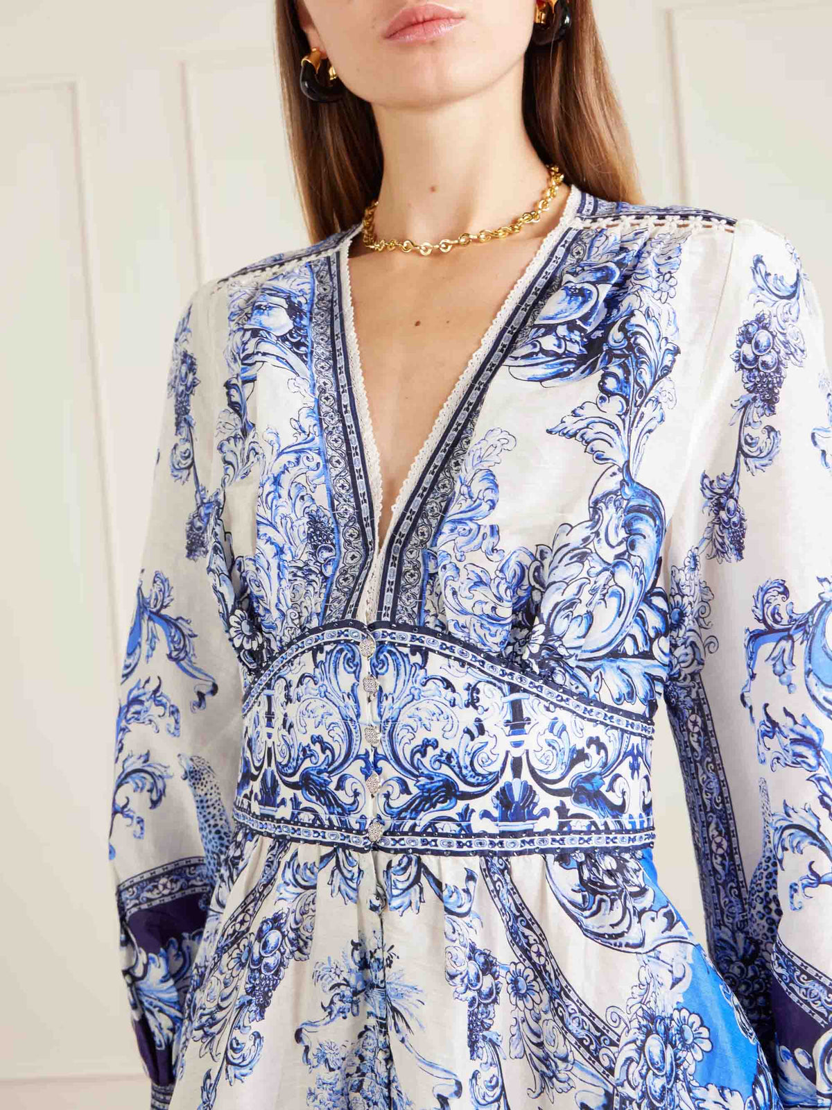 Elegant Porcelain Print Maxi Dress