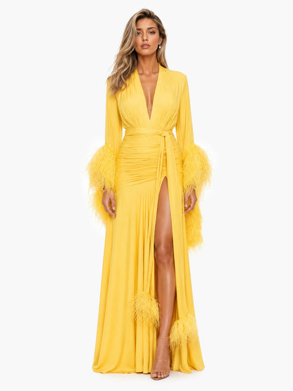 Elegant V-Neck Feather Cuff Flowing Chiffon Maxi Dress
