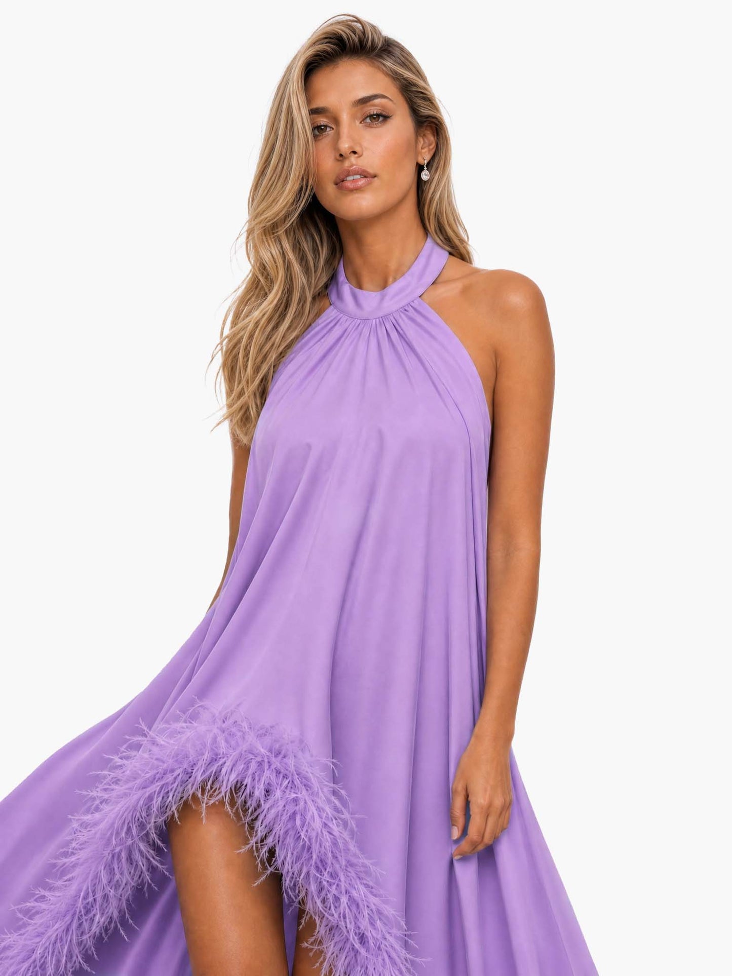 Elegant Halter Neck Sleeveless Feather Trim Satin Maxi Dress