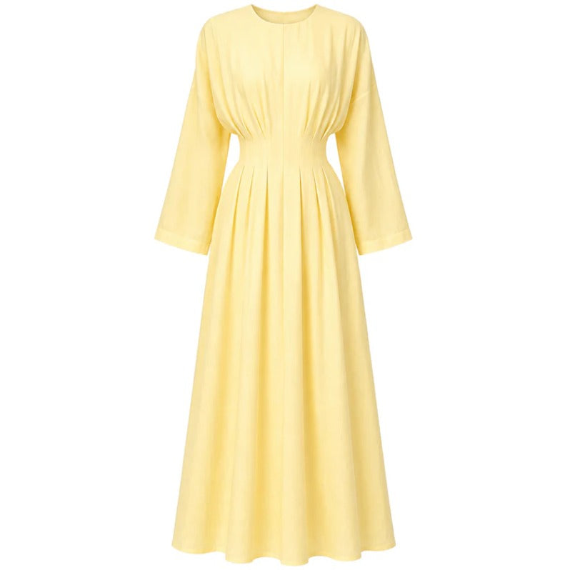 Elegant Pleated Long Sleeve Pocket Maxi Dress