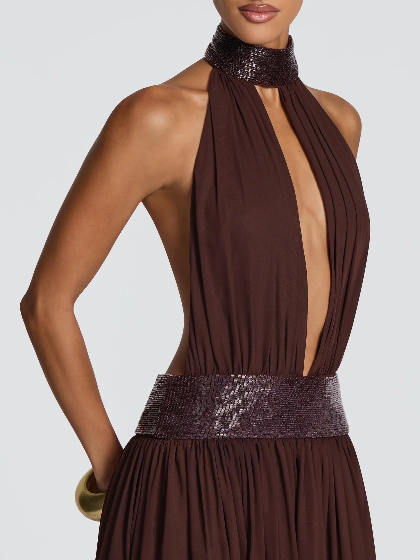 Elegant Halter Neck Sequin Chiffon Maxi Dress