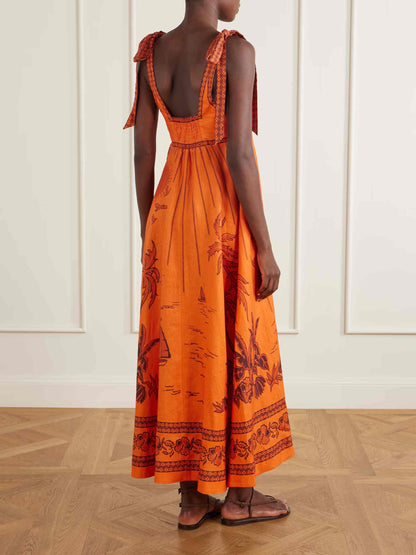 Retro Floral Print Tie-Shoulder Maxi Dress
