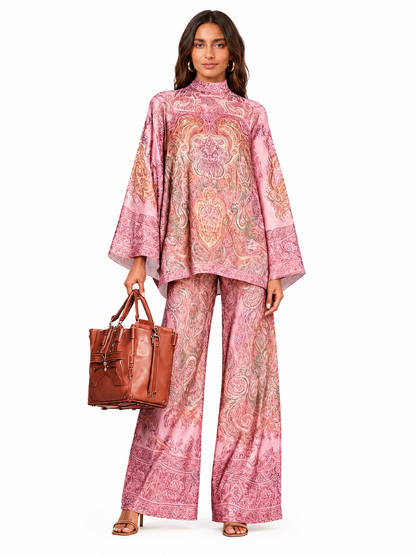 Elegant Satin Paisley Print Batwing Sleeve Two-Piece Set