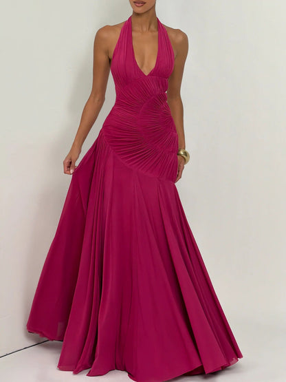 Elegant Halter Neck Ruched Pleated Maxi Dress
