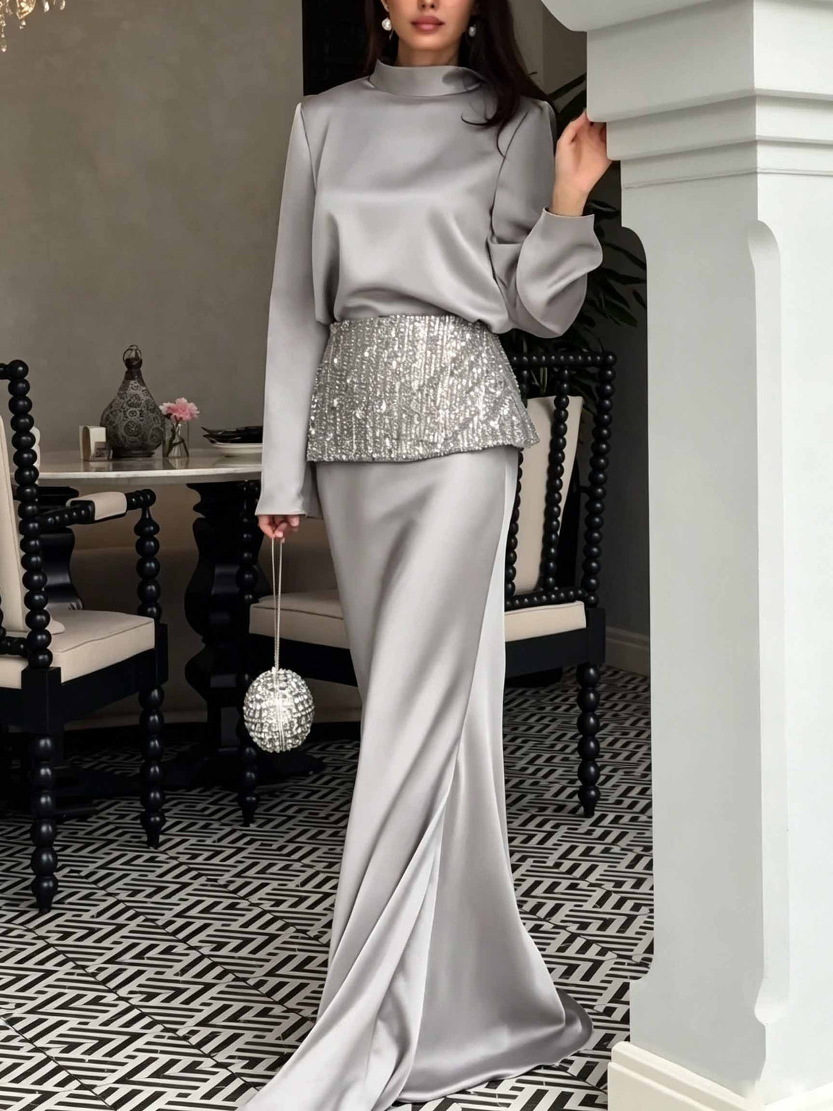 Elegant Satin Mock Neck Top & Mermaid Maxi Skirt Two-Piece Set