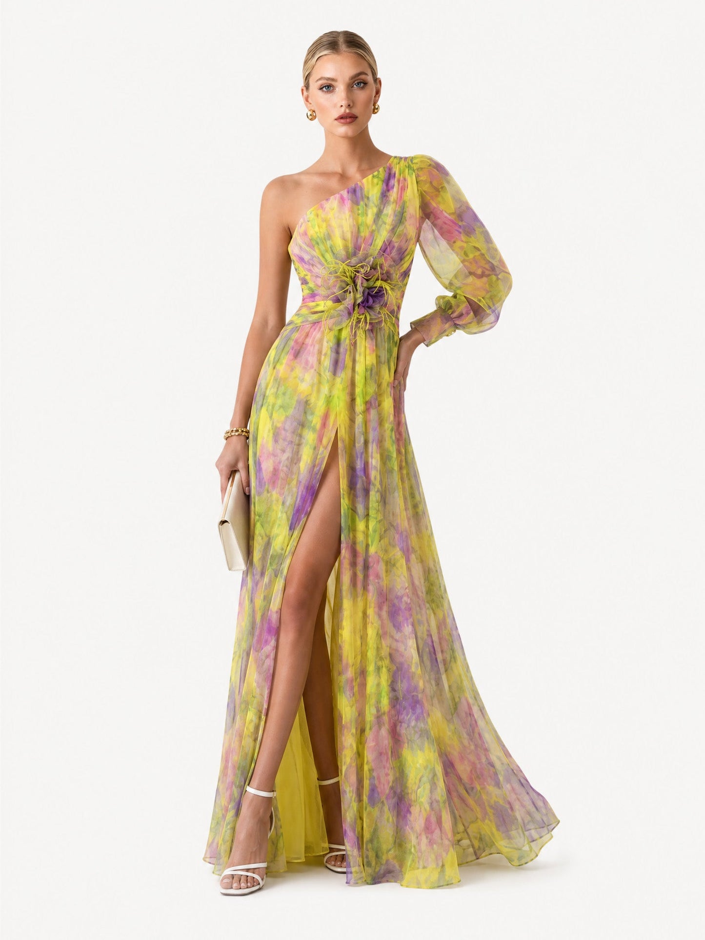 Elegant Floral Print Ruched One-Shoulder Sheer Maxi Dress