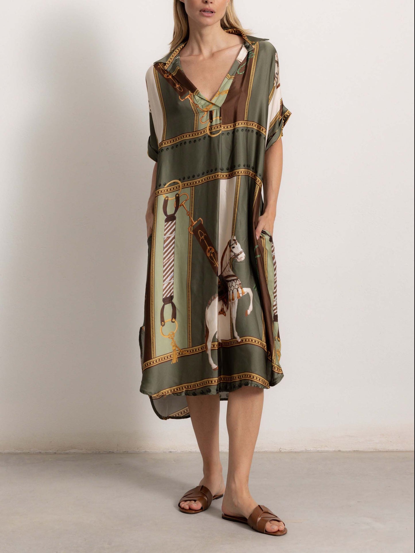 Retro Equestrian Print Shirt Midi Dress