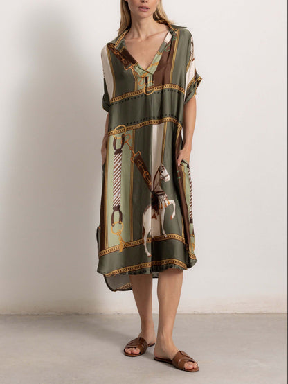 Retro Equestrian Print Shirt Midi Dress