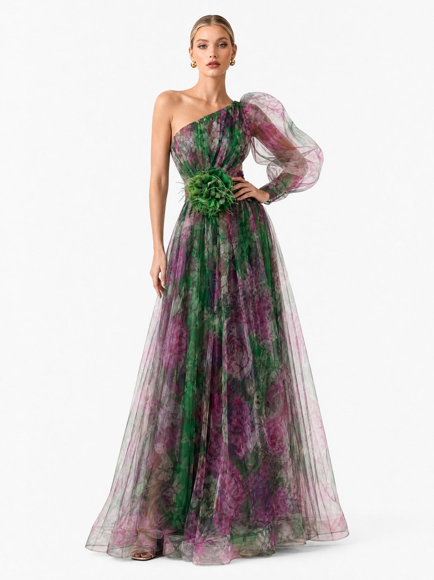 Elegant Floral Print Ruched One-Shoulder Sheer Maxi Dress