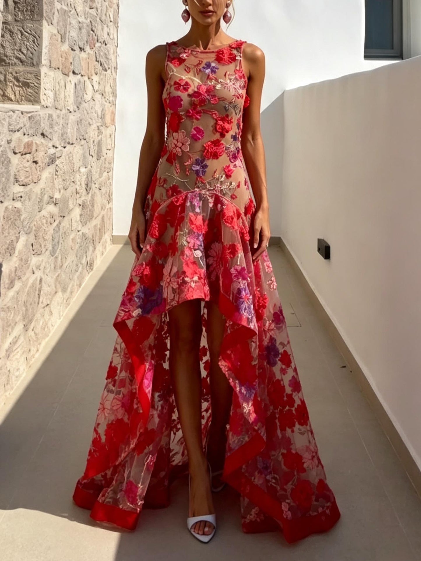 Sexy Embroidered Mesh High-Low Maxi Dress