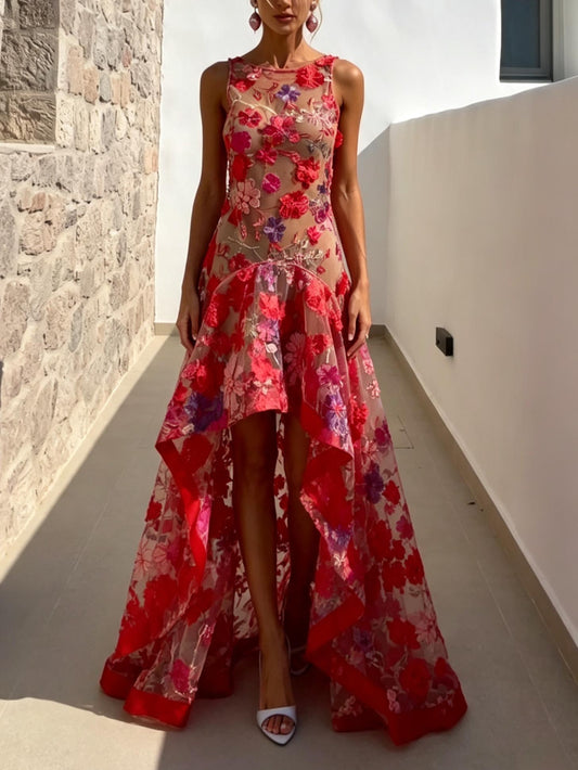Sexy Embroidered Mesh High-Low Maxi Dress