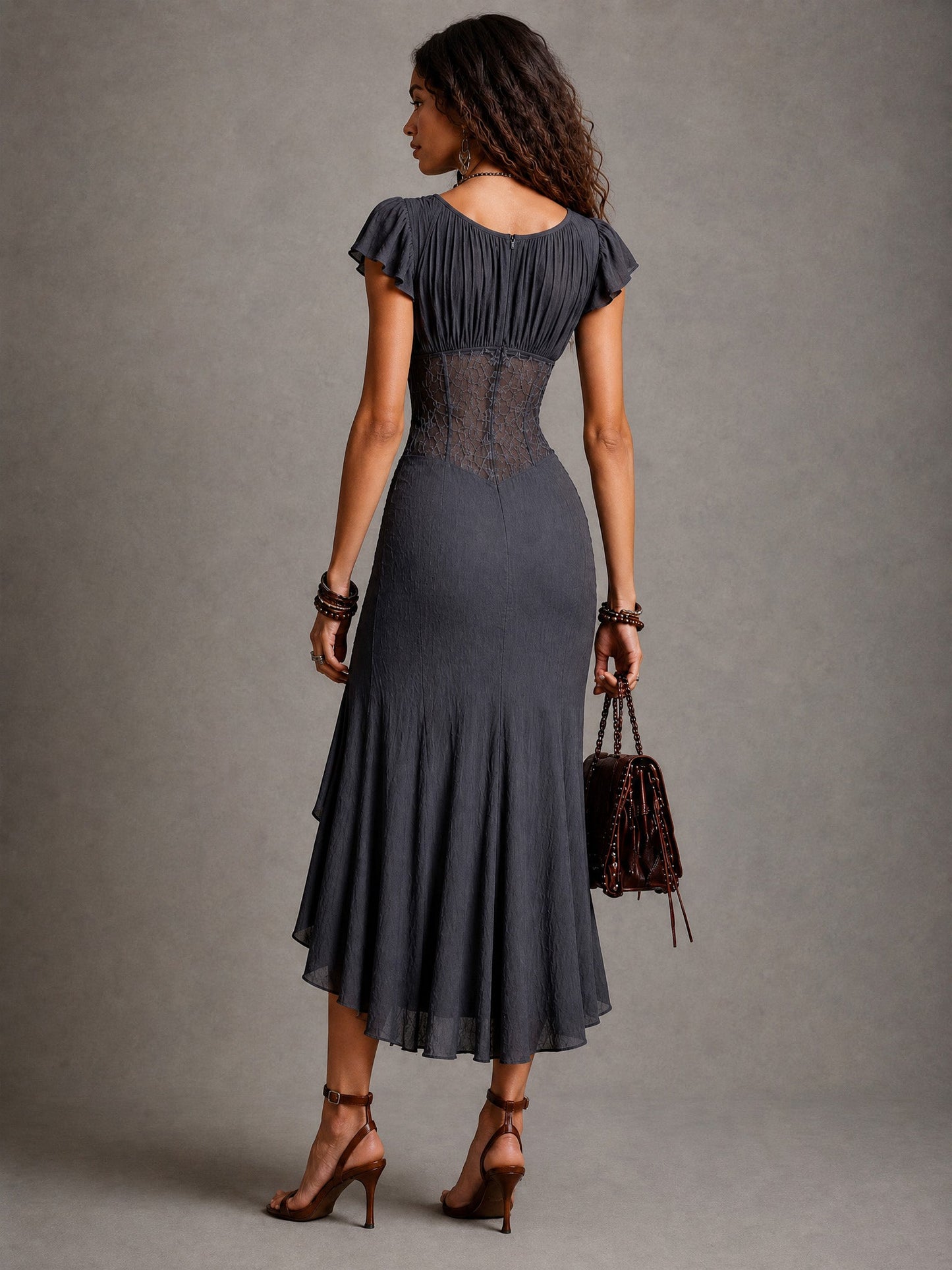 Sexy Lace Waist-Ruched Midi Dress