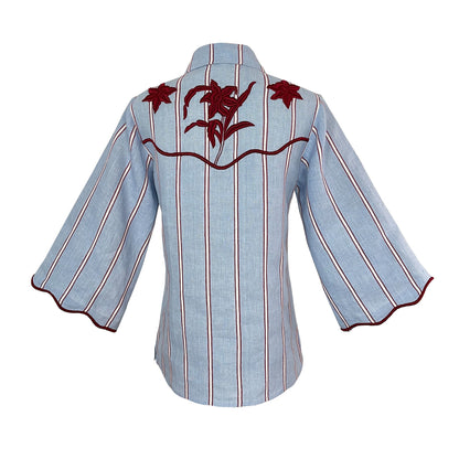 Embroidered Stripe Shirt & Flared Pants Two-Piece Set