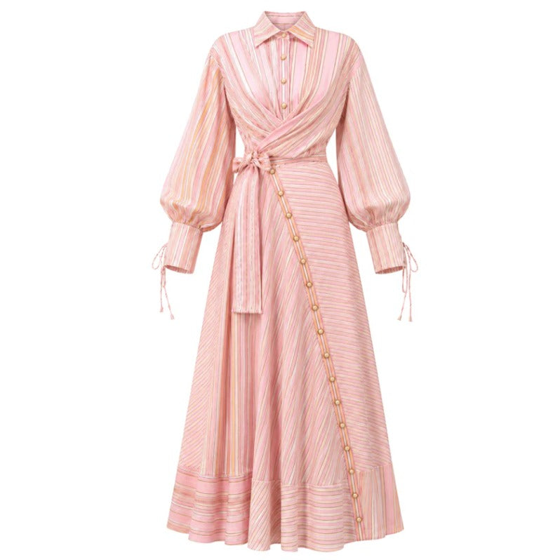 Pink Stripe Print Long Sleeve Waist Tie Maxi Shirt Dress