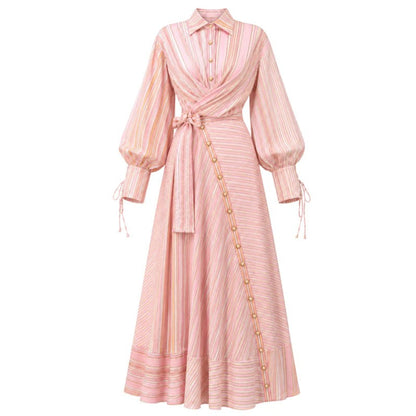 Pink Stripe Print Long Sleeve Waist Tie Maxi Shirt Dress