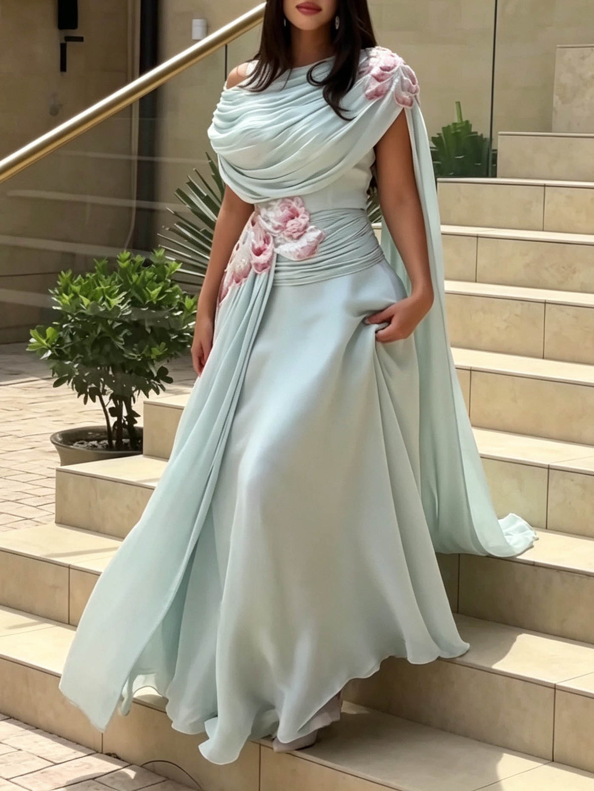 Elegant Draped Floral Applique Cape Chiffon Maxi Dress