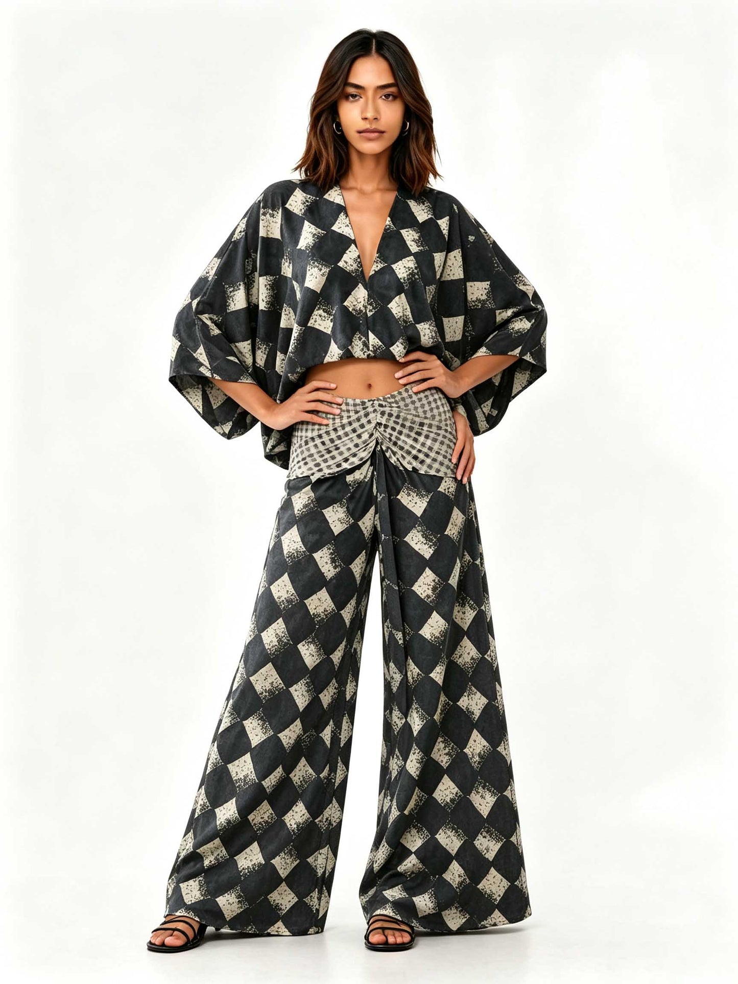 Casual Abstract Plaid Print Kimono Shirt & Pants Two-Piece Set