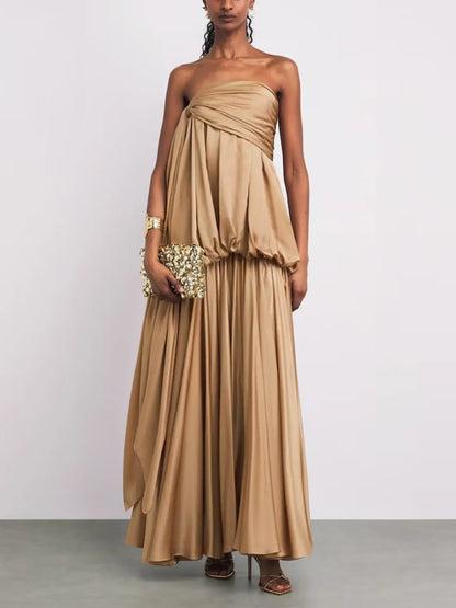 Elegant Satin Ruched Strapless Maxi Dress