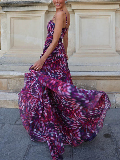 Elegant Abstract Print Ruched Spaghetti Strap Maxi Dress