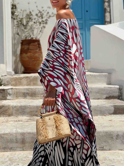 Abstract Print Off Shoulder Satin Kaftan Maxi Dress