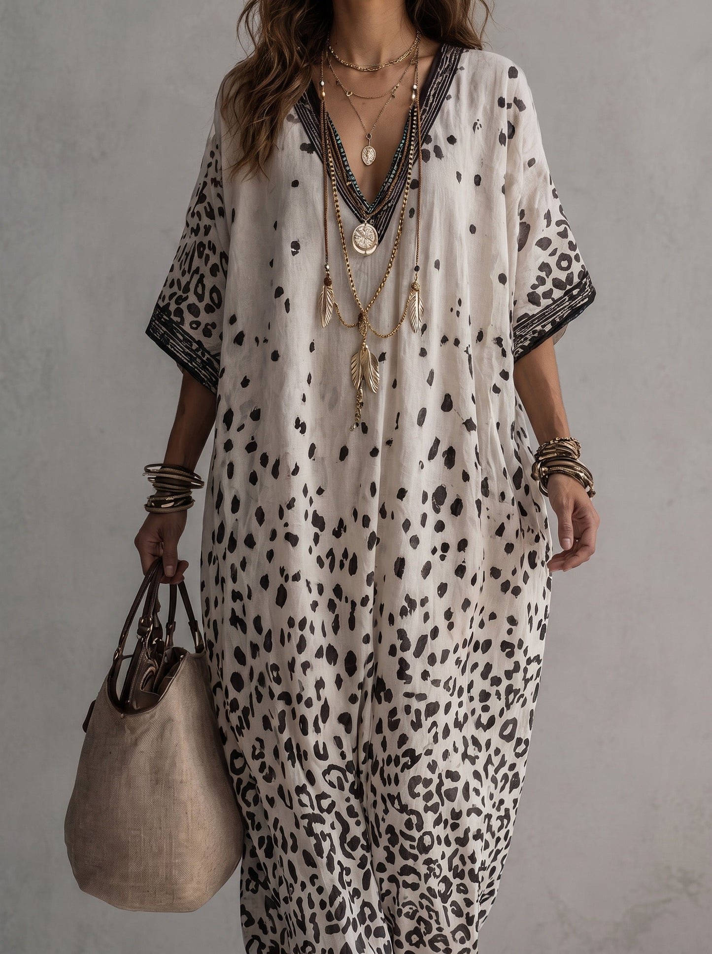 Bohemian Leopard Print V-Neck Batwing Sleeve Maxi Dress
