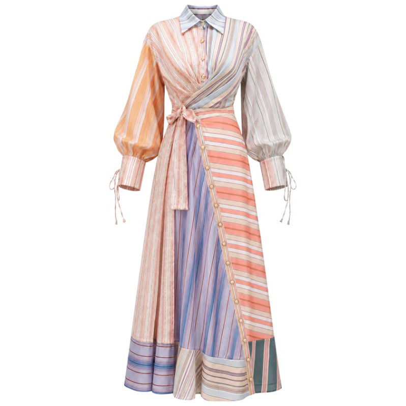 Multicolor Patchwork Stripe Print Long Sleeve Tie Maxi Shirt Dress