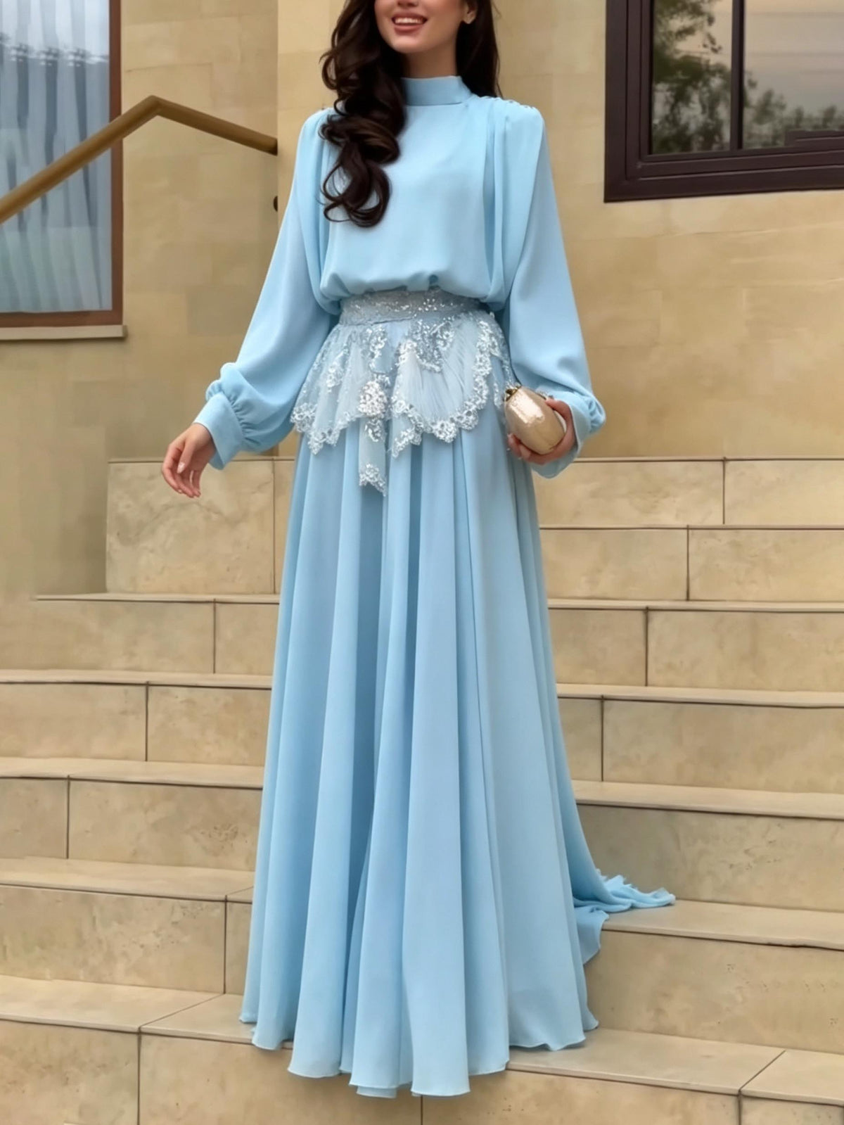 Elegant High-Neck Chiffon Top & Flowy Skirt Set
