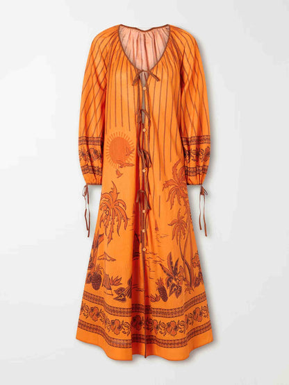 Retro Printed Tie-Neck Loose Maxi Dress