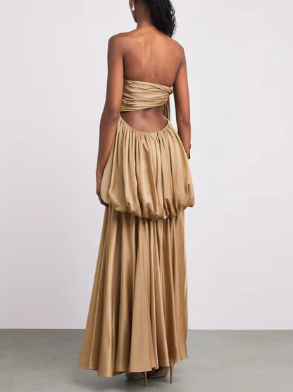 Elegant Satin Ruched Strapless Maxi Dress