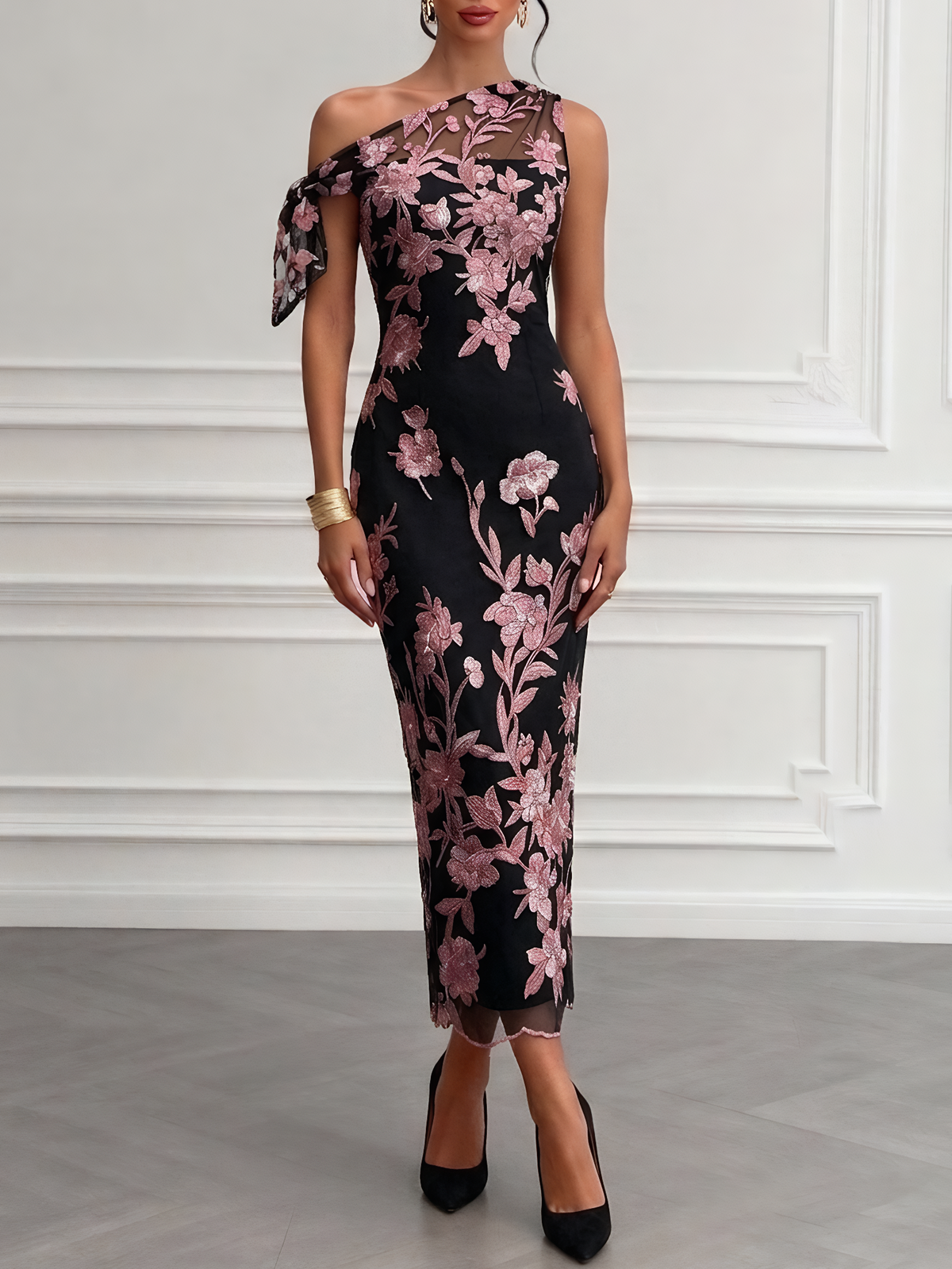 One-Shoulder Floral Embroidery Maxi Dress