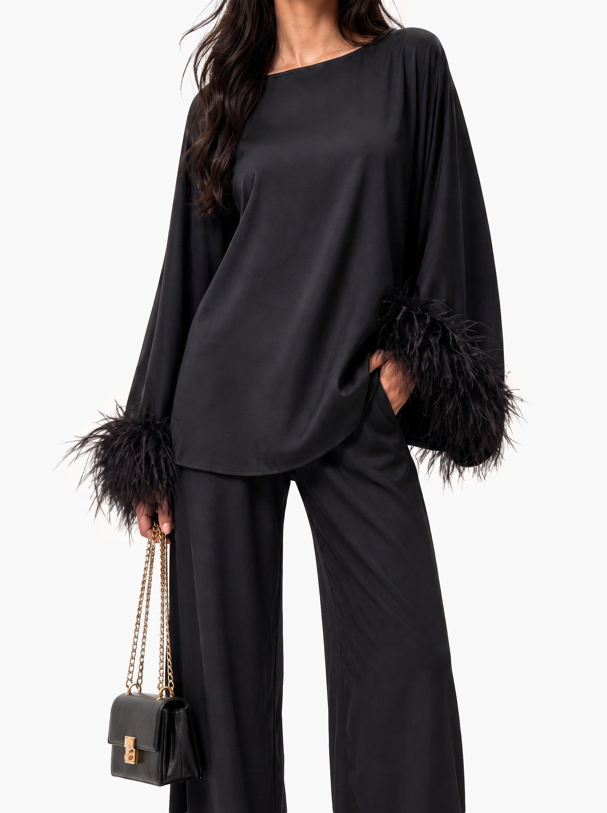Elegant Feather-Trim Batwing Top & Pants Two-Piece Set