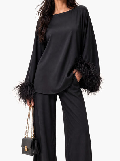 Elegant Feather-Trim Batwing Top & Pants Two-Piece Set
