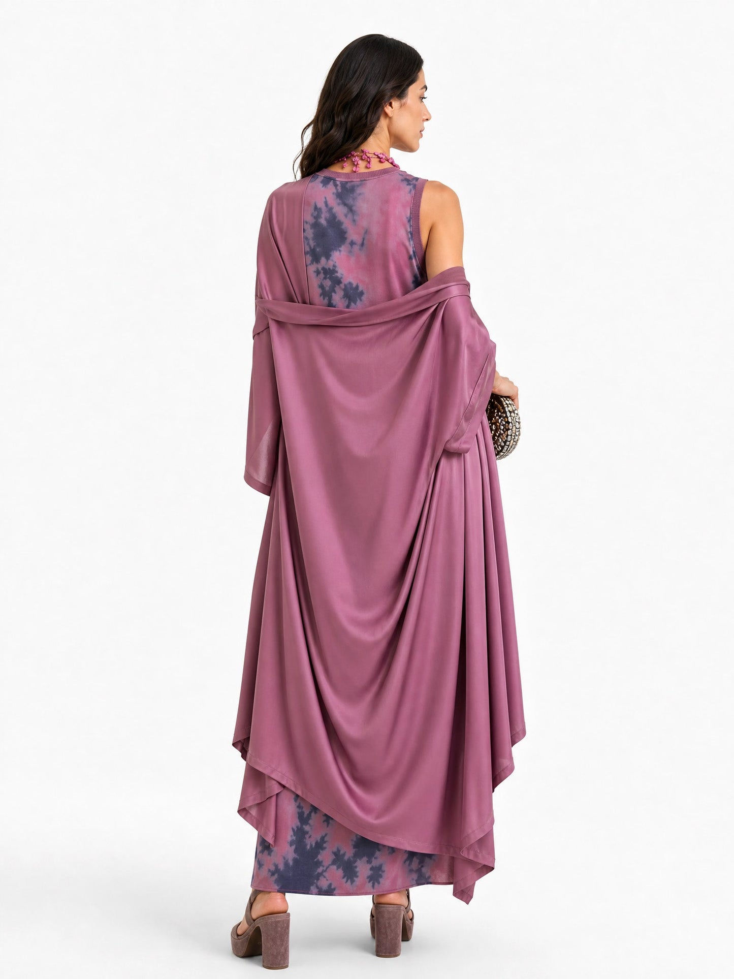 Retro Tie Dye Satin Sleeveless Maxi Dress Two Piece Set