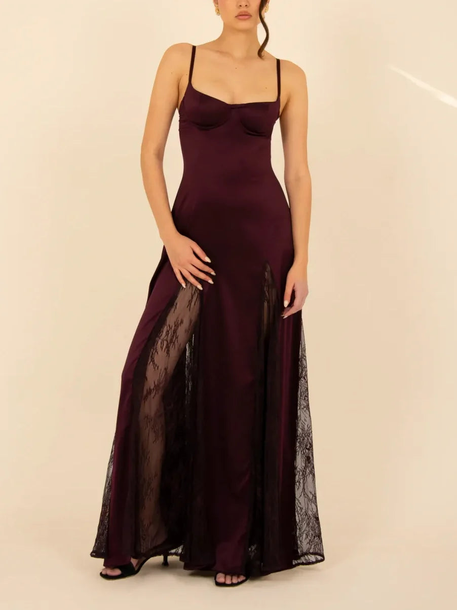 Elegant Satin Lace Patchwork Spaghetti Strap Maxi Dress