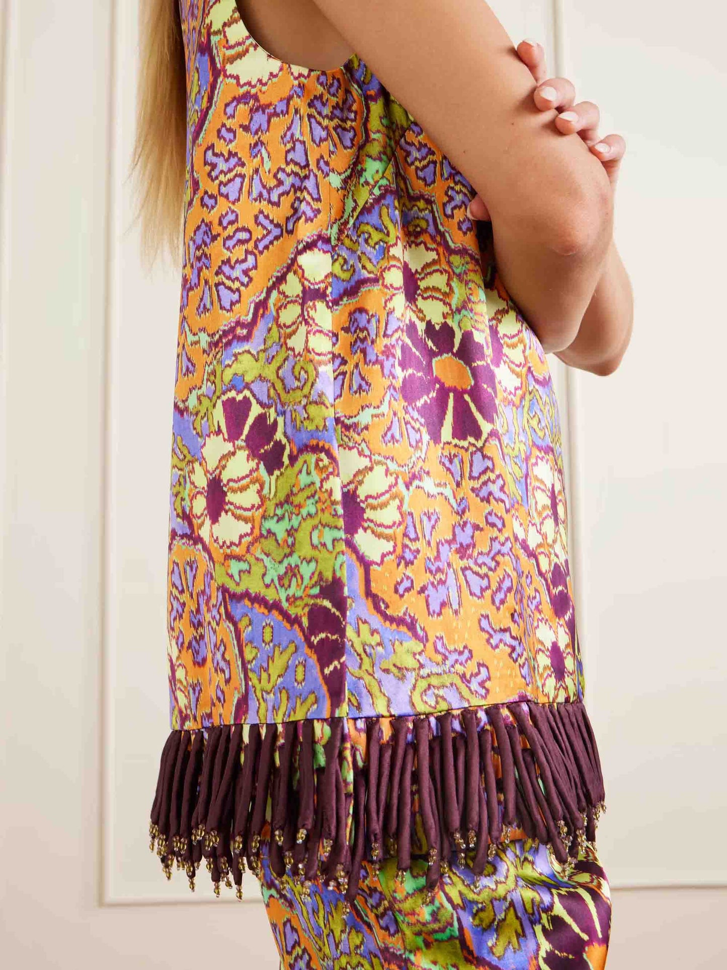Exquisite Retro Floral Print Tassel Top & Wide-Leg Pants Two-Piece Set