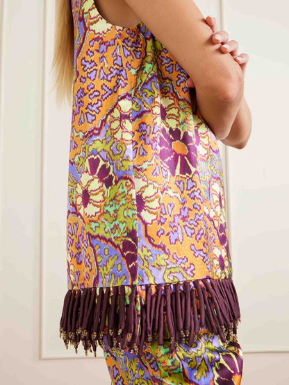 Exquisite Retro Floral Print Tassel Top & Wide-Leg Pants Two-Piece Set