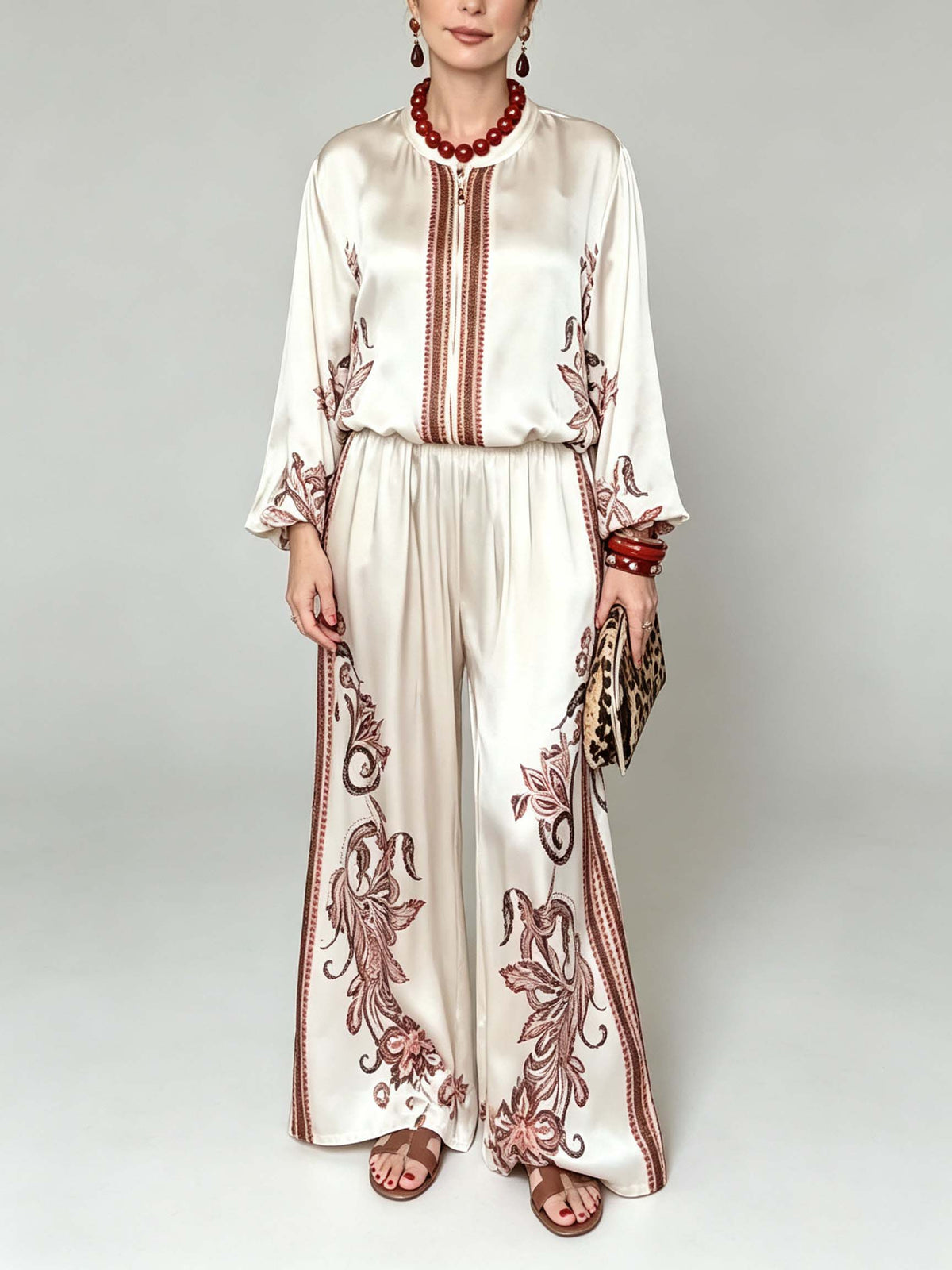 Retro Floral Print Satin Blouse & Wide-Leg Pants Two-Piece Set