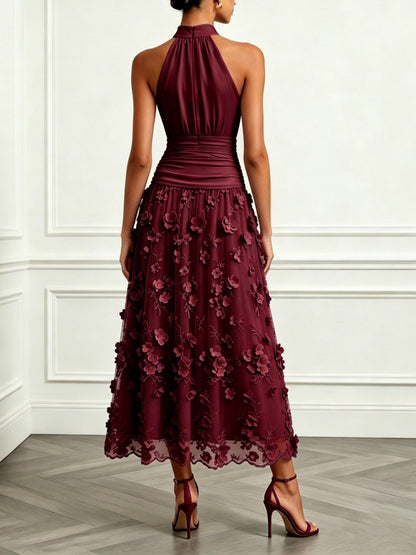 Elegant Halter Ruched 3D Floral Mesh Midi Dress