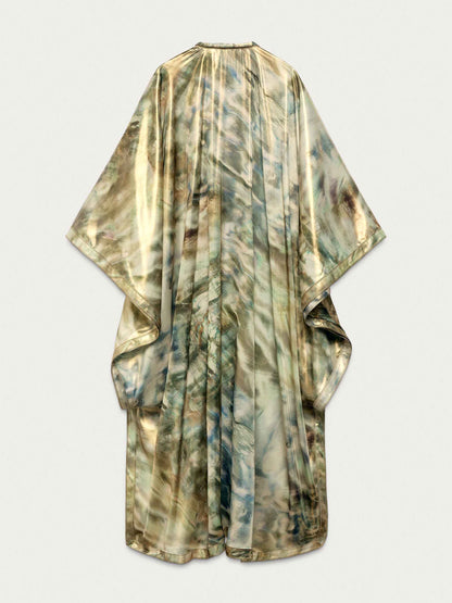 Elegant Tie-Dye Glossy Satin Kaftan Maxi Dress