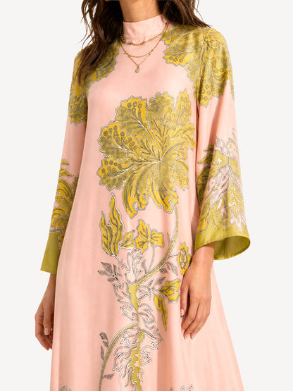 Elegant Retro Print Satin Tie-Waist Maxi Dress