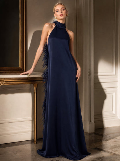 Elegant Satin Halter Feather-Trim Maxi Dress