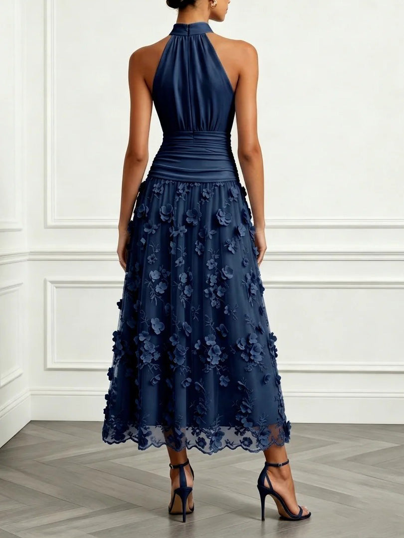 Elegant Halter Ruched 3D Floral Mesh Midi Dress