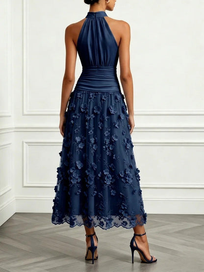 Elegant Halter Ruched 3D Floral Mesh Midi Dress