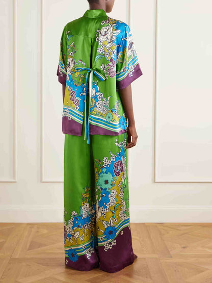 Retro Colorful Floral Print Satin Two-Piece Set